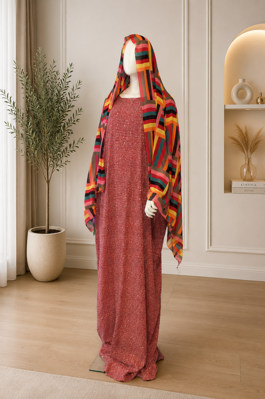 Elegant Modest Dress Set with Matching Chiffon Shawl