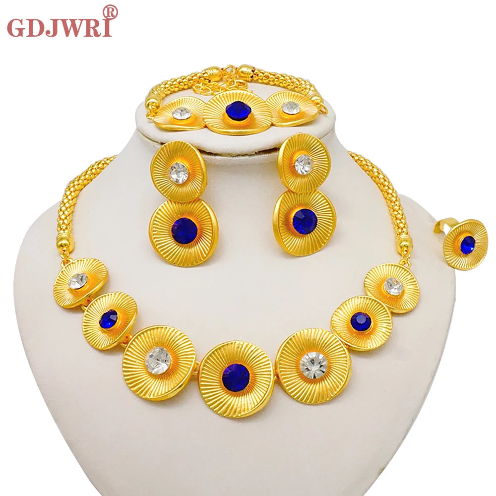 Luxury Dubai Gold Color Double Layered Necklace Jewelry Sets For Women African Water Drop Crystal Jewellery Indian Set Gifts