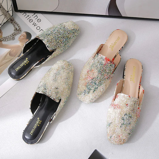 Big Size Slippers Casual Shoes Woman 2025 Low Cover Toe Luxury Soft Summer Flat Slides Fretwork Cotton Fabric Fashion Basic Rubb