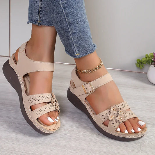 Lucyever Ankle Buckle Womens Wedge Sandals Summer Vintage Flowers Platform Sandles Women Non Slip Soft Bottom Casual Sandalias