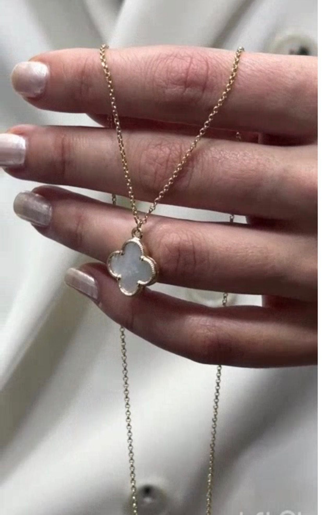 14K Gold-Plated Chain with Large White Mother-of-Pearl Clover Pendant