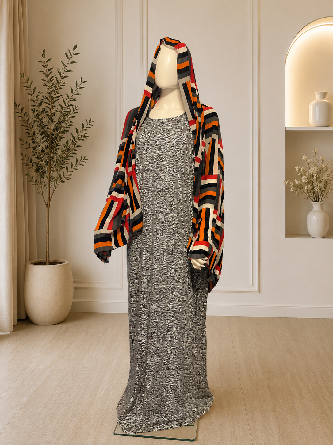 Elegant Modest Dress Set with Matching Chiffon Shawl