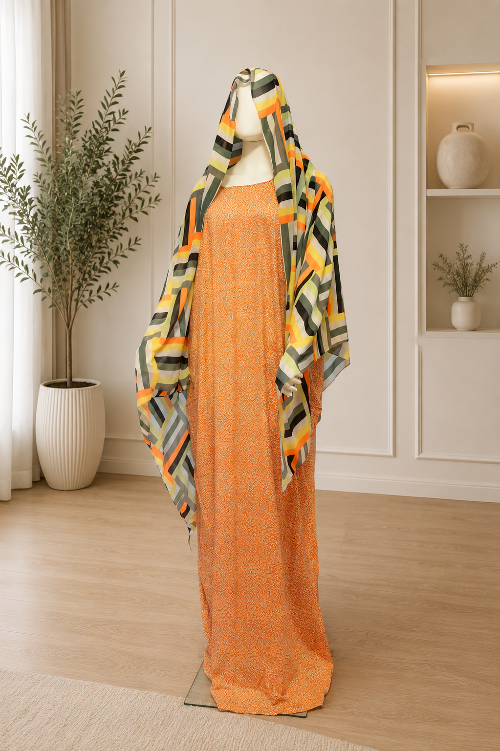 Elegant Modest Dress Set with Matching Chiffon Shawl