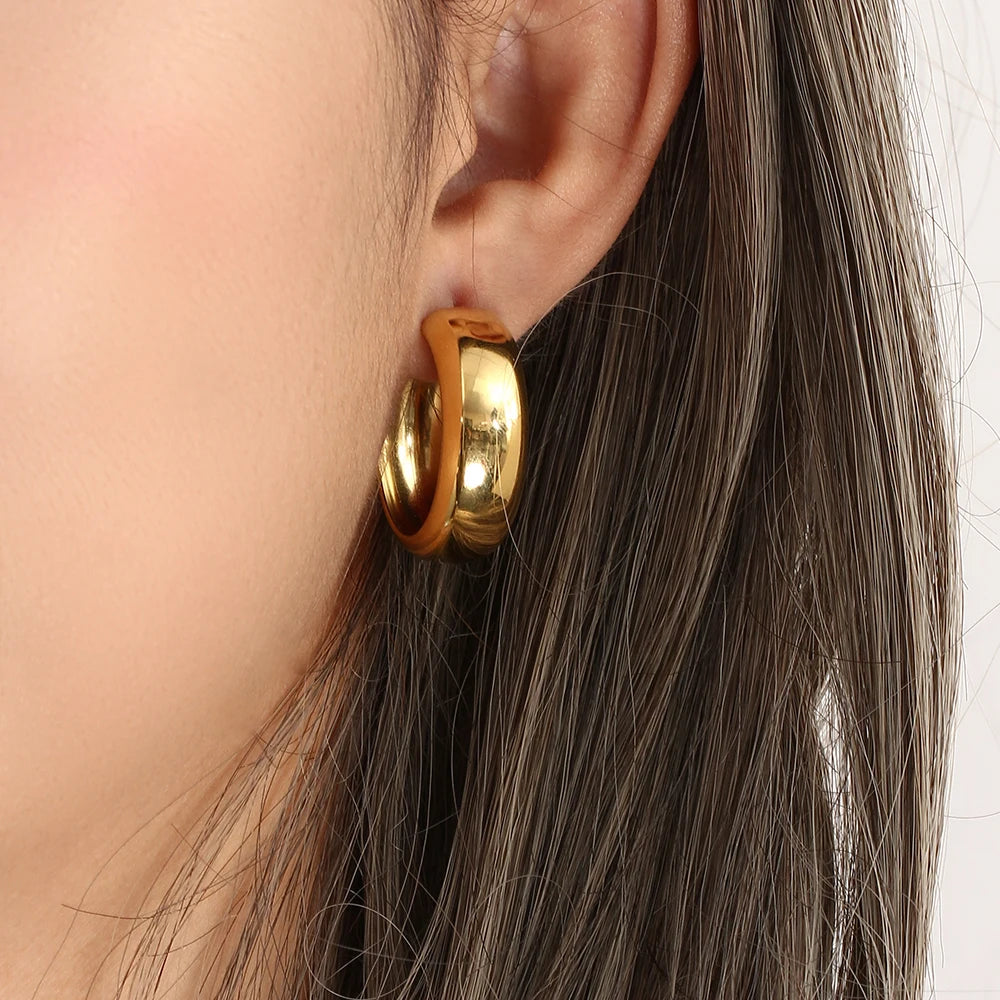 E.B.belle Ladies Basic Fine Polishing Like a Mirror PVD Plated Stainless Steel Wide Hoop Earrings For Women Tarnish Free Jewelry