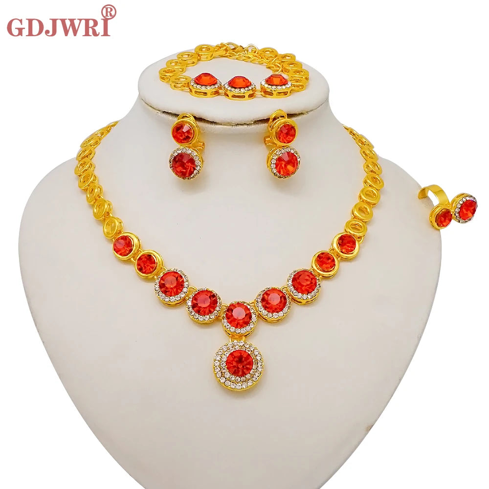 Luxury Dubai Gold Color Double Layered Necklace Jewelry Sets For Women African Water Drop Crystal Jewellery Indian Set Gifts