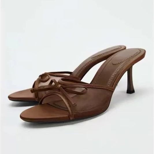 Elegant Brown Mesh Women Slippers Summer Fashion Bow Decoration Slide Sandals Sexy Peep Toe Thin High Heel Sandals Beach Shoes