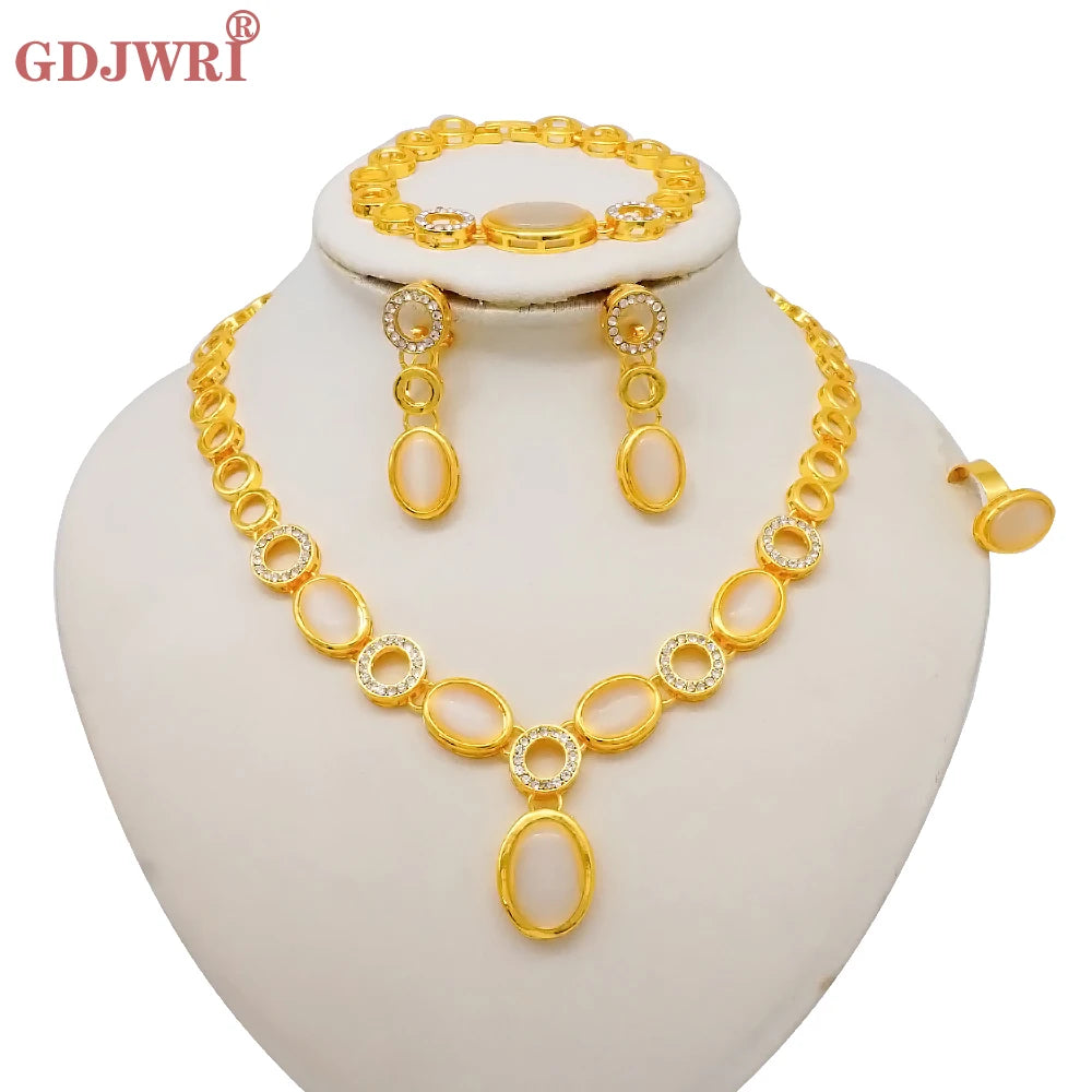 Luxury Dubai Gold Color Double Layered Necklace Jewelry Sets For Women African Water Drop Crystal Jewellery Indian Set Gifts