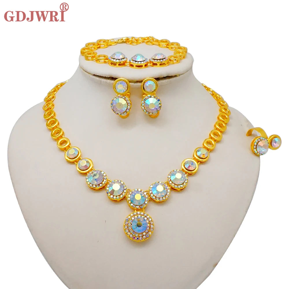 Luxury Dubai Gold Color Double Layered Necklace Jewelry Sets For Women African Water Drop Crystal Jewellery Indian Set Gifts