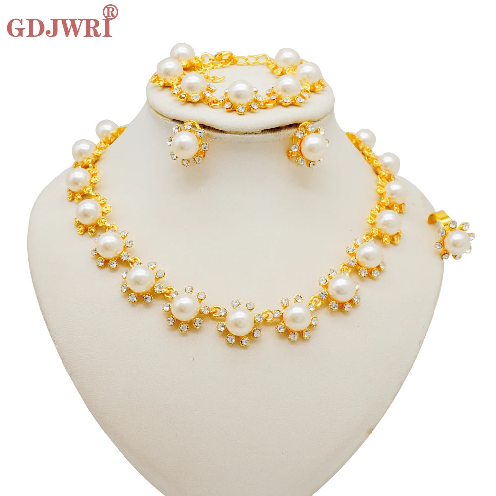 Luxury Dubai Gold Color Double Layered Necklace Jewelry Sets For Women African Water Drop Crystal Jewellery Indian Set Gifts