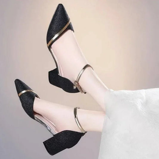 New Baotou Sandals Female Korean Version Pointed Root Thick Heel Women's Shoes One Word Buckle Fashion Sandals Zapatos De Mujer