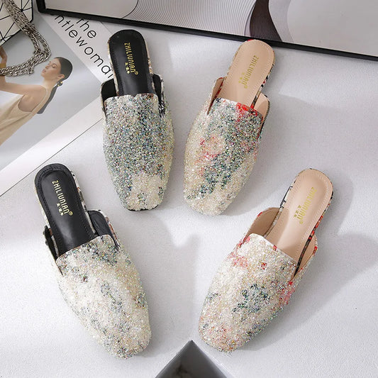 Big Size Slippers Casual Shoes Woman 2025 Low Cover Toe Luxury Soft Summer Flat Slides Fretwork Cotton Fabric Fashion Basic Rubb