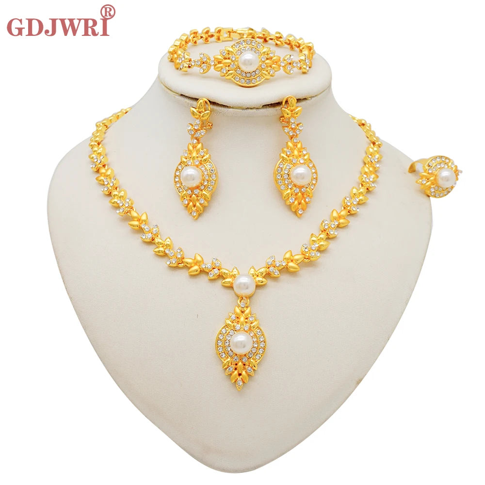 Luxury Dubai Gold Color Double Layered Necklace Jewelry Sets For Women African Water Drop Crystal Jewellery Indian Set Gifts