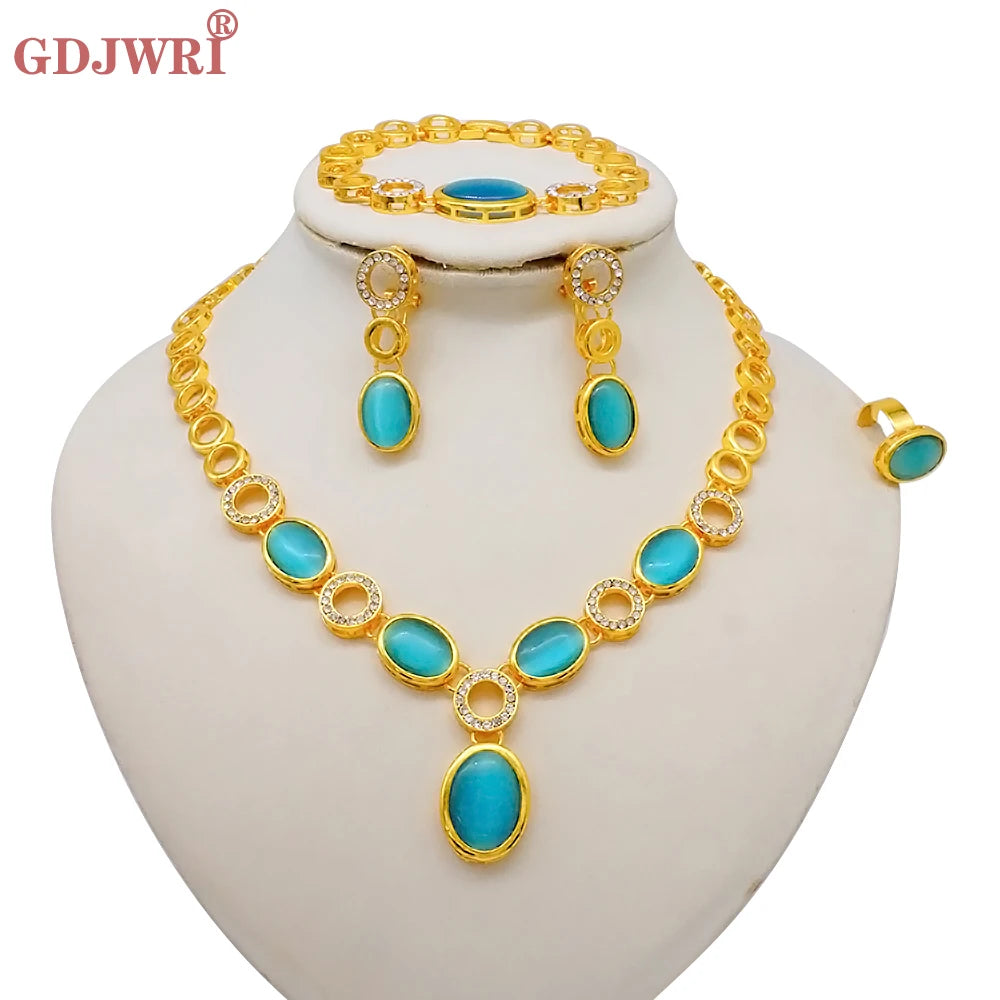 Luxury Dubai Gold Color Double Layered Necklace Jewelry Sets For Women African Water Drop Crystal Jewellery Indian Set Gifts