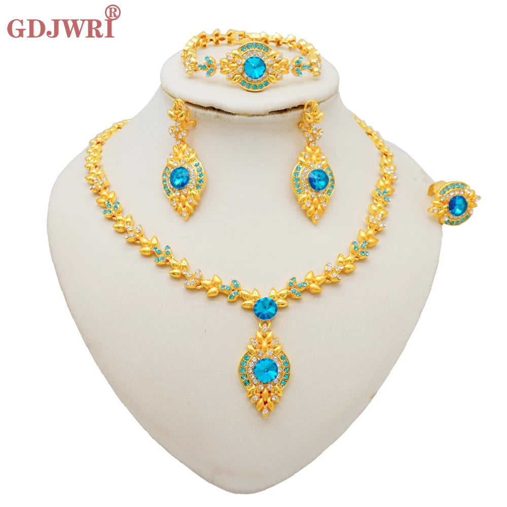 Luxury Dubai Gold Color Double Layered Necklace Jewelry Sets For Women African Water Drop Crystal Jewellery Indian Set Gifts