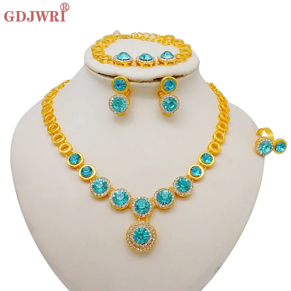 Luxury Dubai Gold Color Double Layered Necklace Jewelry Sets For Women African Water Drop Crystal Jewellery Indian Set Gifts