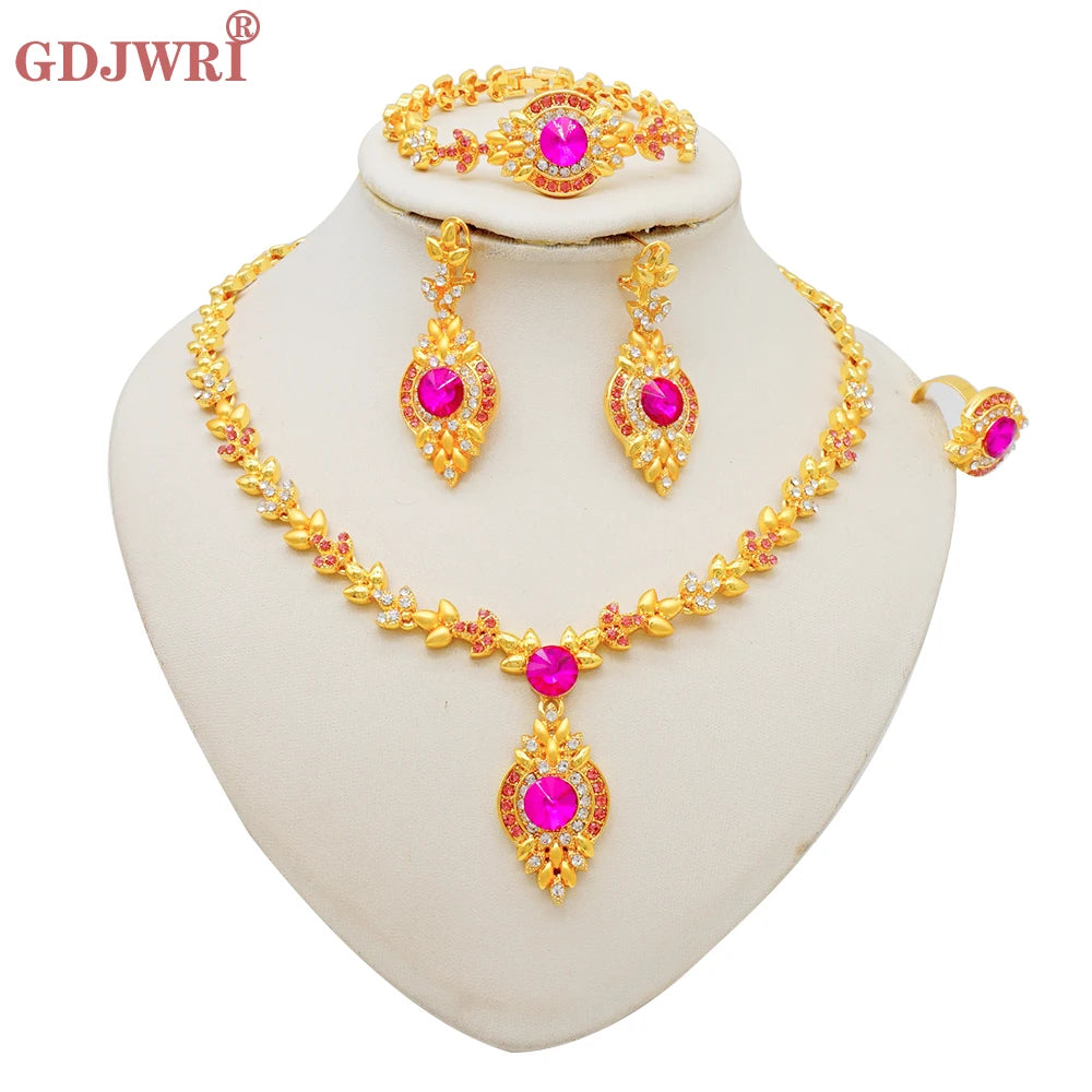 Luxury Dubai Gold Color Double Layered Necklace Jewelry Sets For Women African Water Drop Crystal Jewellery Indian Set Gifts