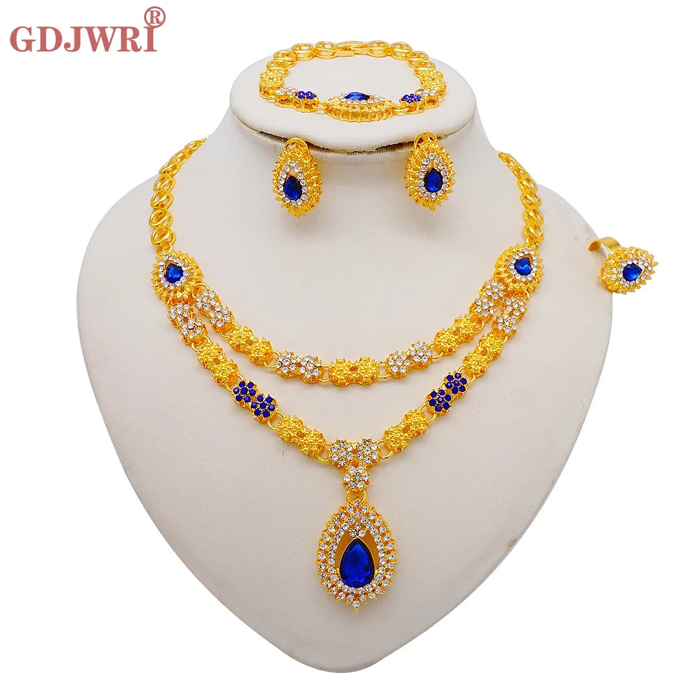 Luxury Dubai Gold Color Double Layered Necklace Jewelry Sets For Women African Water Drop Crystal Jewellery Indian Set Gifts