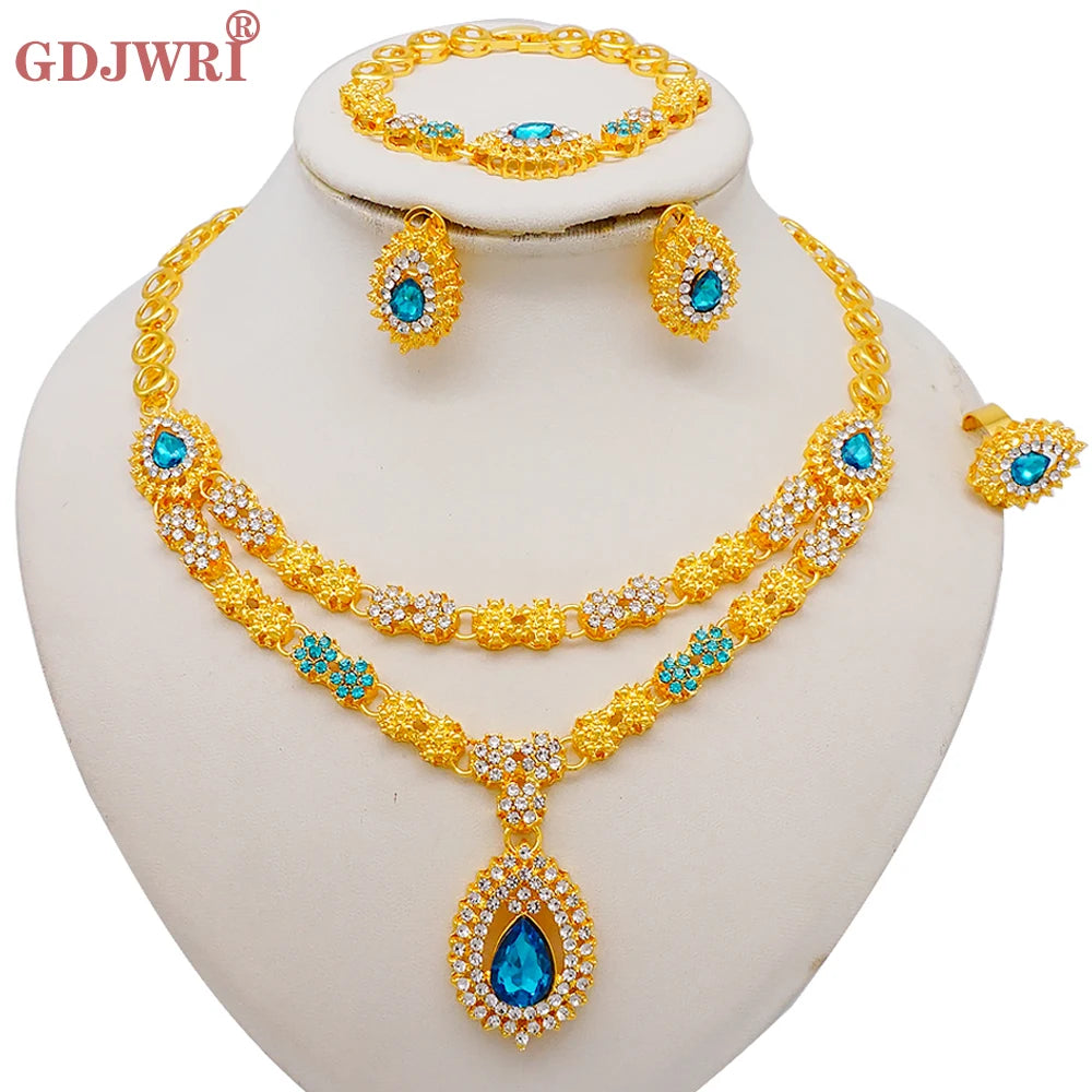 Luxury Dubai Gold Color Double Layered Necklace Jewelry Sets For Women African Water Drop Crystal Jewellery Indian Set Gifts
