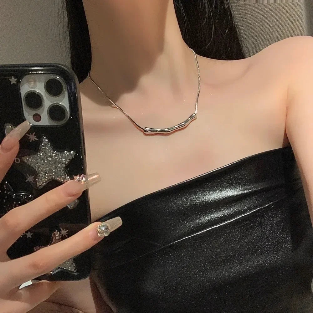 Luxury Design Irregularity Long Stick Pendant Necklace for Women Temperament Fashion Gold Color Stainless Steel Rock Jewelry