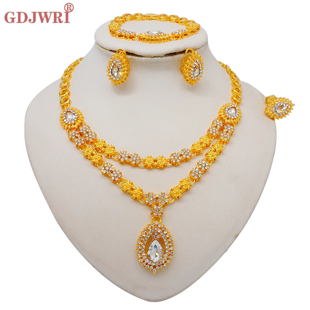 Luxury Dubai Gold Color Double Layered Necklace Jewelry Sets For Women African Water Drop Crystal Jewellery Indian Set Gifts