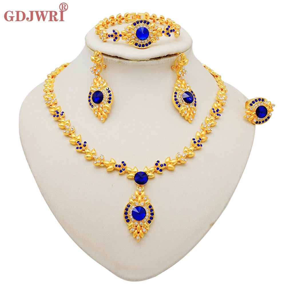 Luxury Dubai Gold Color Double Layered Necklace Jewelry Sets For Women African Water Drop Crystal Jewellery Indian Set Gifts