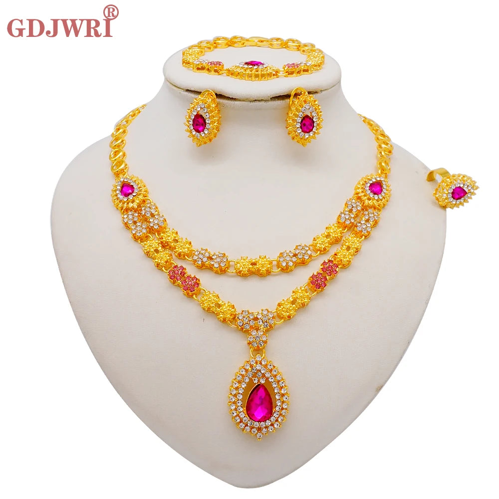 Luxury Dubai Gold Color Double Layered Necklace Jewelry Sets For Women African Water Drop Crystal Jewellery Indian Set Gifts