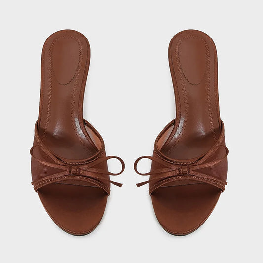 Elegant Brown Mesh Women Slippers Summer Fashion Bow Decoration Slide Sandals Sexy Peep Toe Thin High Heel Sandals Beach Shoes