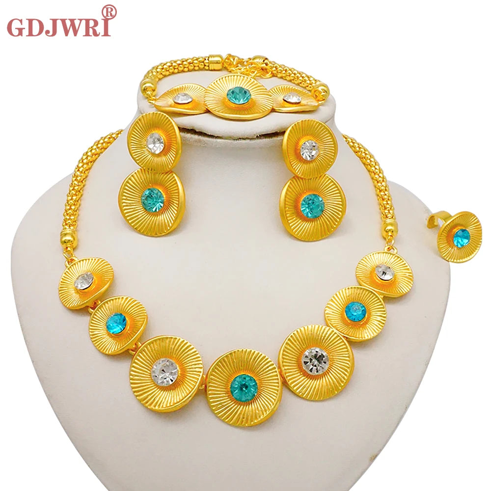 Luxury Dubai Gold Color Double Layered Necklace Jewelry Sets For Women African Water Drop Crystal Jewellery Indian Set Gifts