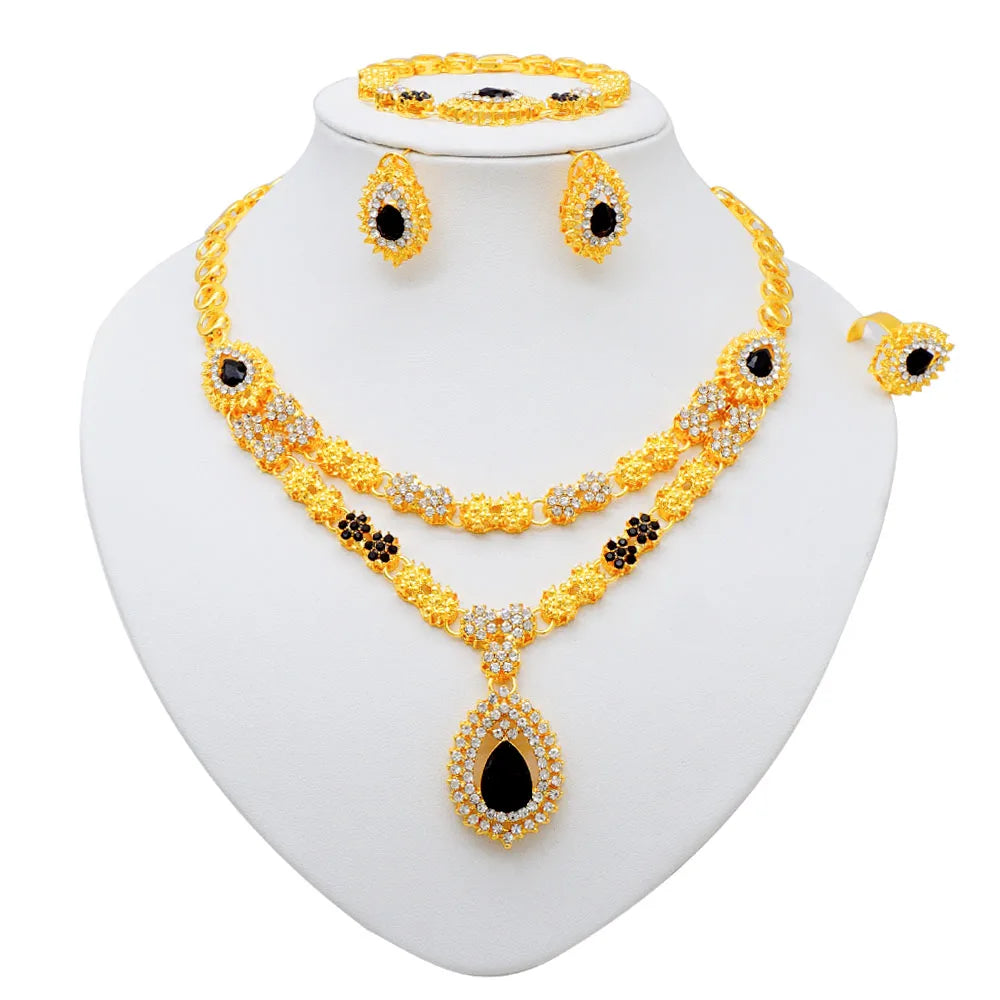 Luxury Dubai Gold Color Double Layered Necklace Jewelry Sets For Women African Water Drop Crystal Jewellery Indian Set Gifts