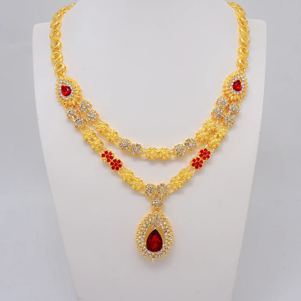 Luxury Dubai Gold Color Double Layered Necklace Jewelry Sets For Women African Water Drop Crystal Jewellery Indian Set Gifts