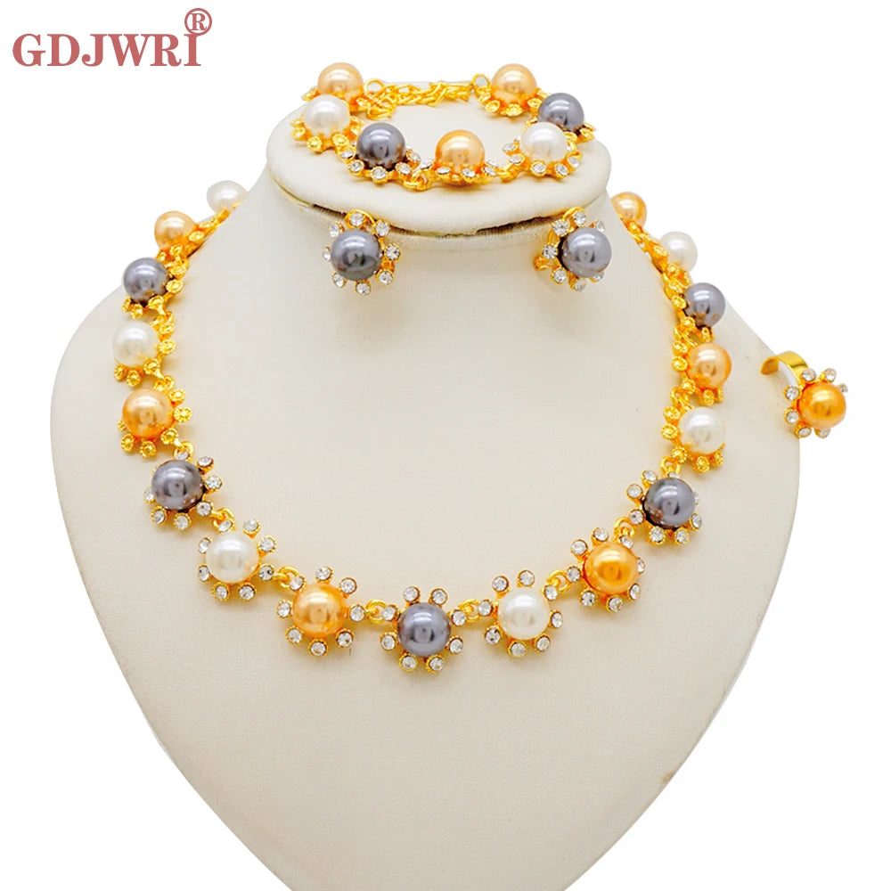 Luxury Dubai Gold Color Double Layered Necklace Jewelry Sets For Women African Water Drop Crystal Jewellery Indian Set Gifts