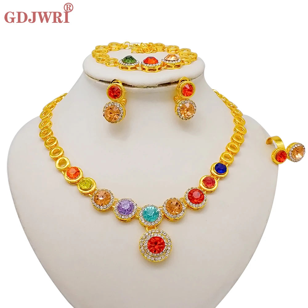 Luxury Dubai Gold Color Double Layered Necklace Jewelry Sets For Women African Water Drop Crystal Jewellery Indian Set Gifts