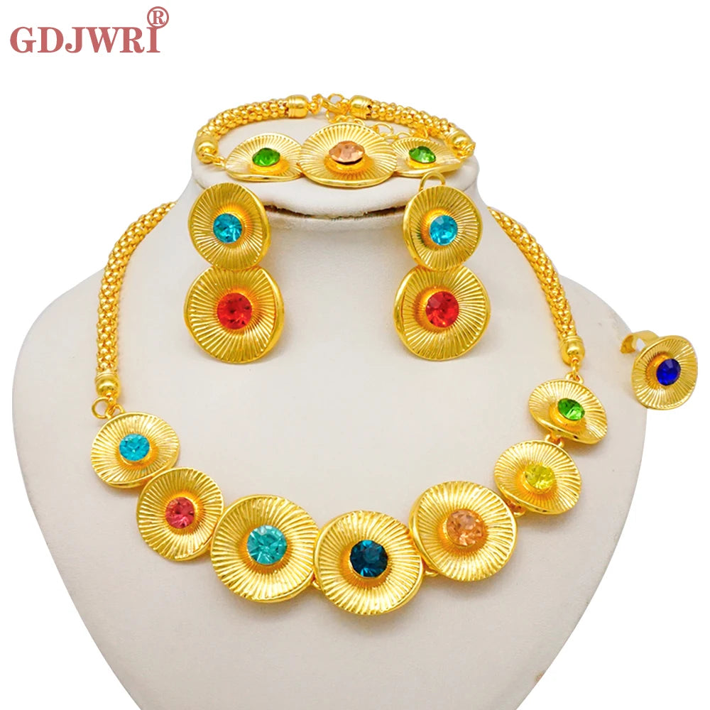 Luxury Dubai Gold Color Double Layered Necklace Jewelry Sets For Women African Water Drop Crystal Jewellery Indian Set Gifts