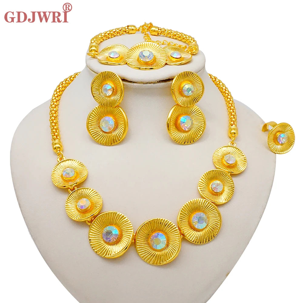 Luxury Dubai Gold Color Double Layered Necklace Jewelry Sets For Women African Water Drop Crystal Jewellery Indian Set Gifts