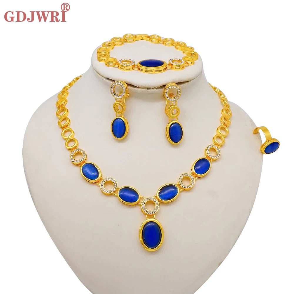 Luxury Dubai Gold Color Double Layered Necklace Jewelry Sets For Women African Water Drop Crystal Jewellery Indian Set Gifts