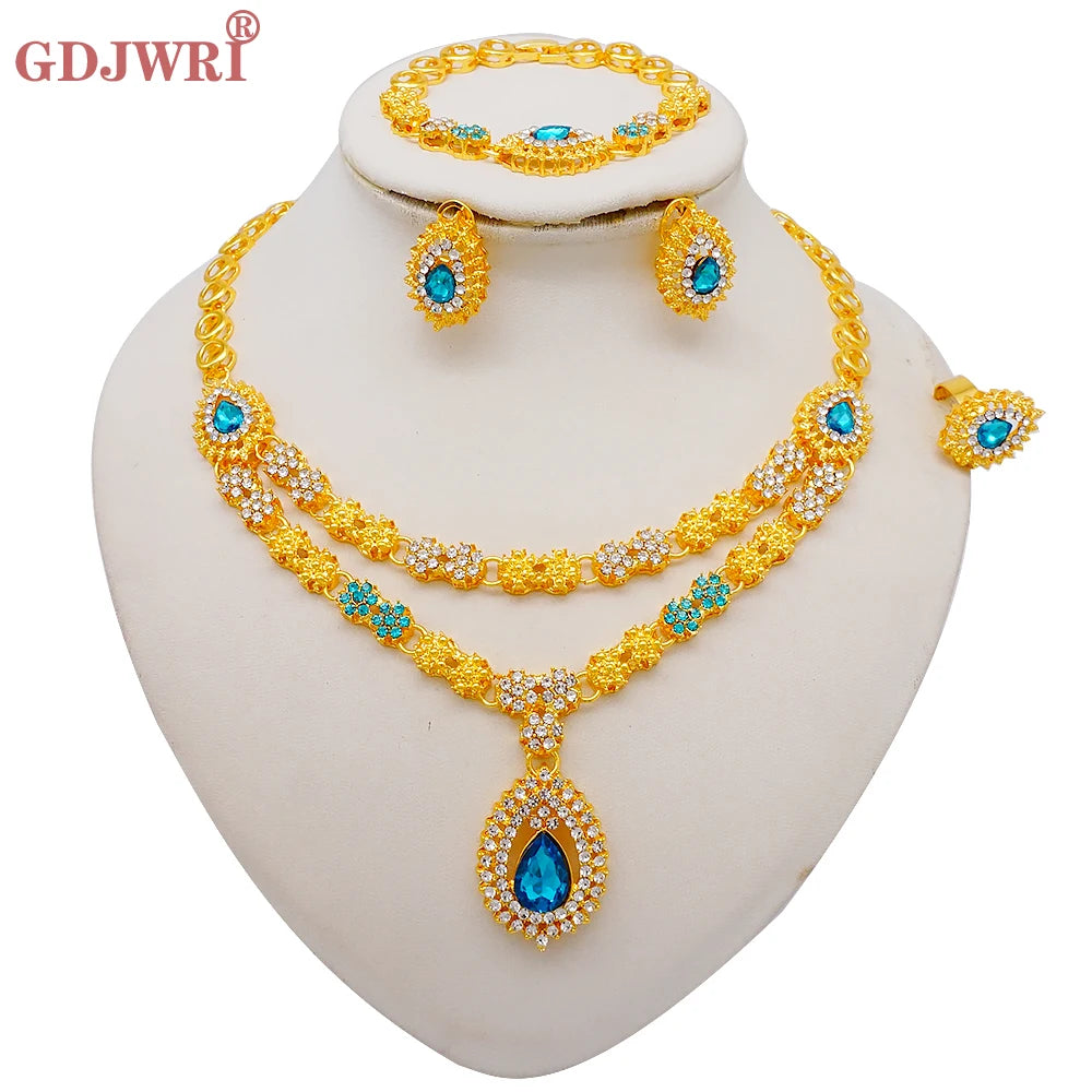 Luxury Dubai Gold Color Double Layered Necklace Jewelry Sets For Women African Water Drop Crystal Jewellery Indian Set Gifts