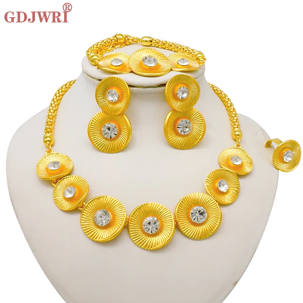Luxury Dubai Gold Color Double Layered Necklace Jewelry Sets For Women African Water Drop Crystal Jewellery Indian Set Gifts