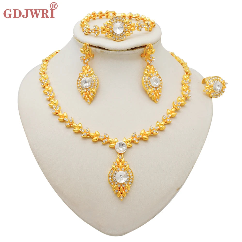 Luxury Dubai Gold Color Double Layered Necklace Jewelry Sets For Women African Water Drop Crystal Jewellery Indian Set Gifts