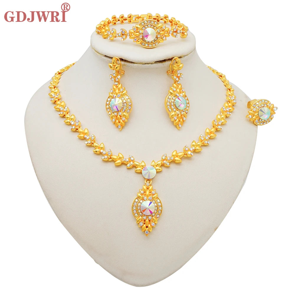 Luxury Dubai Gold Color Double Layered Necklace Jewelry Sets For Women African Water Drop Crystal Jewellery Indian Set Gifts