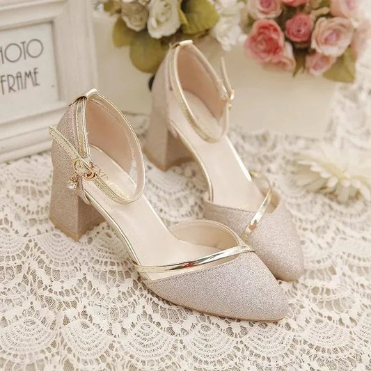 New Baotou Sandals Female Korean Version Pointed Root Thick Heel Women's Shoes One Word Buckle Fashion Sandals Zapatos De Mujer