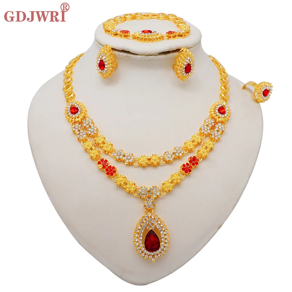 Luxury Dubai Gold Color Double Layered Necklace Jewelry Sets For Women African Water Drop Crystal Jewellery Indian Set Gifts