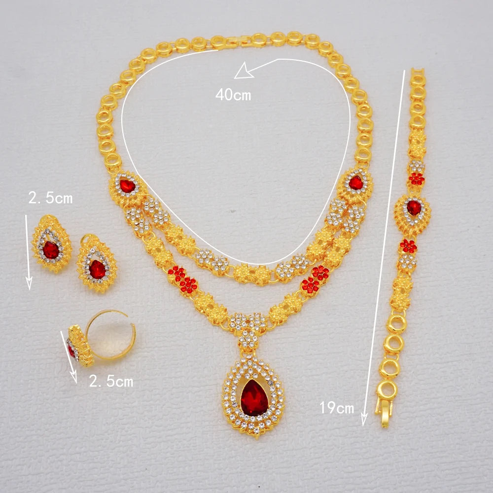 Luxury Dubai Gold Color Double Layered Necklace Jewelry Sets For Women African Water Drop Crystal Jewellery Indian Set Gifts
