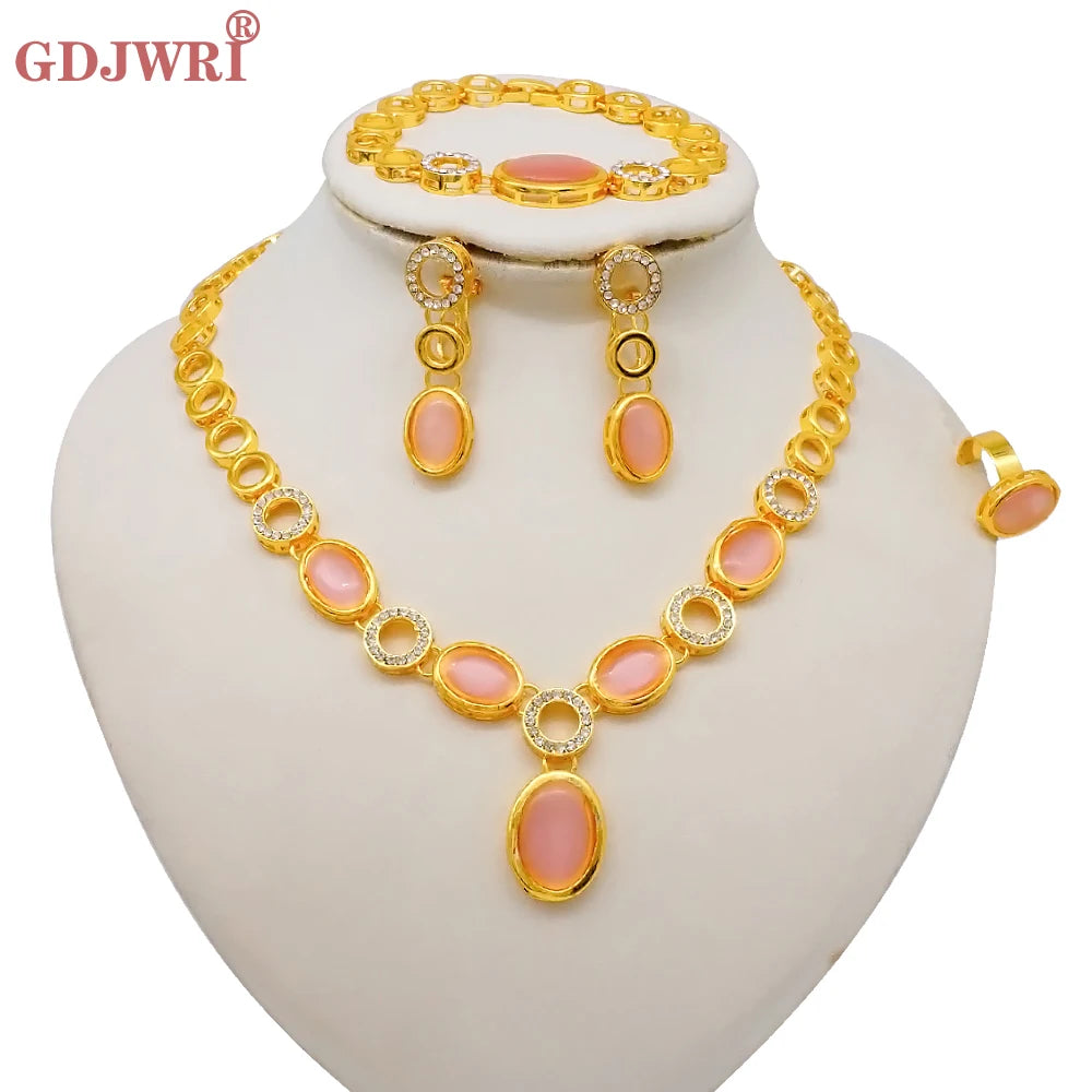 Luxury Dubai Gold Color Double Layered Necklace Jewelry Sets For Women African Water Drop Crystal Jewellery Indian Set Gifts