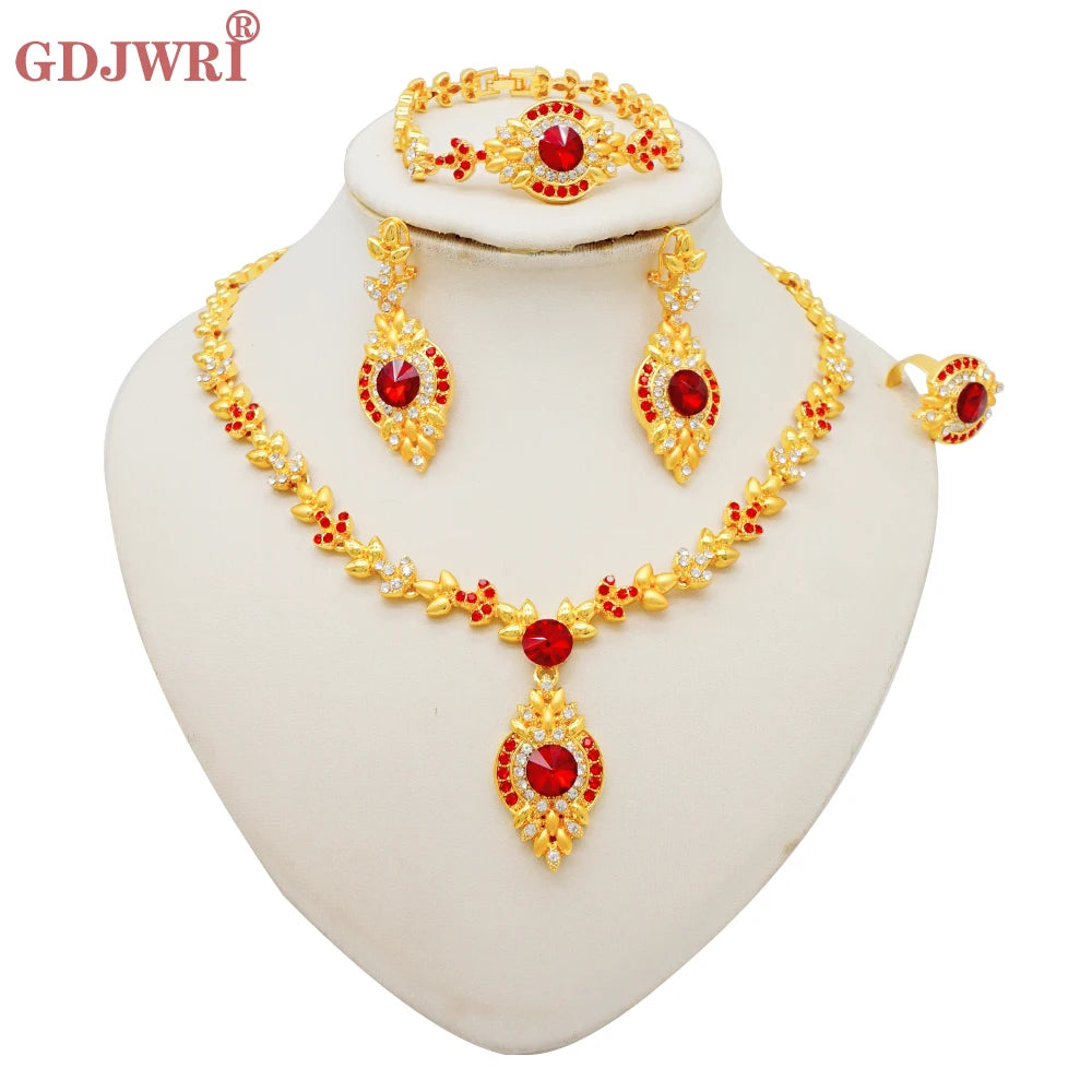 Luxury Dubai Gold Color Double Layered Necklace Jewelry Sets For Women African Water Drop Crystal Jewellery Indian Set Gifts