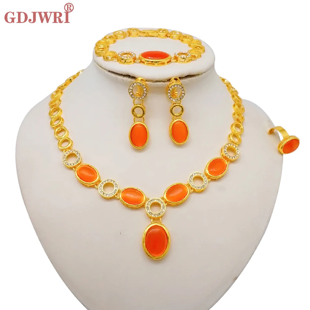 Luxury Dubai Gold Color Double Layered Necklace Jewelry Sets For Women African Water Drop Crystal Jewellery Indian Set Gifts