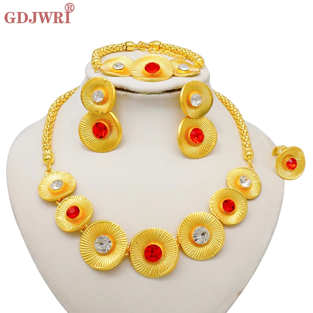Luxury Dubai Gold Color Double Layered Necklace Jewelry Sets For Women African Water Drop Crystal Jewellery Indian Set Gifts