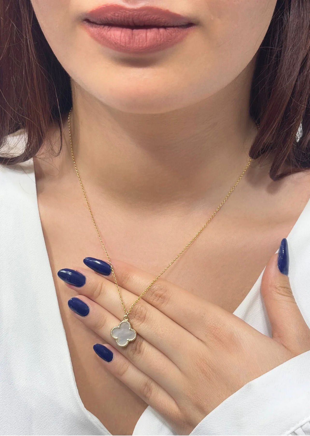 14K Gold-Plated Chain with Large White Mother-of-Pearl Clover Pendant