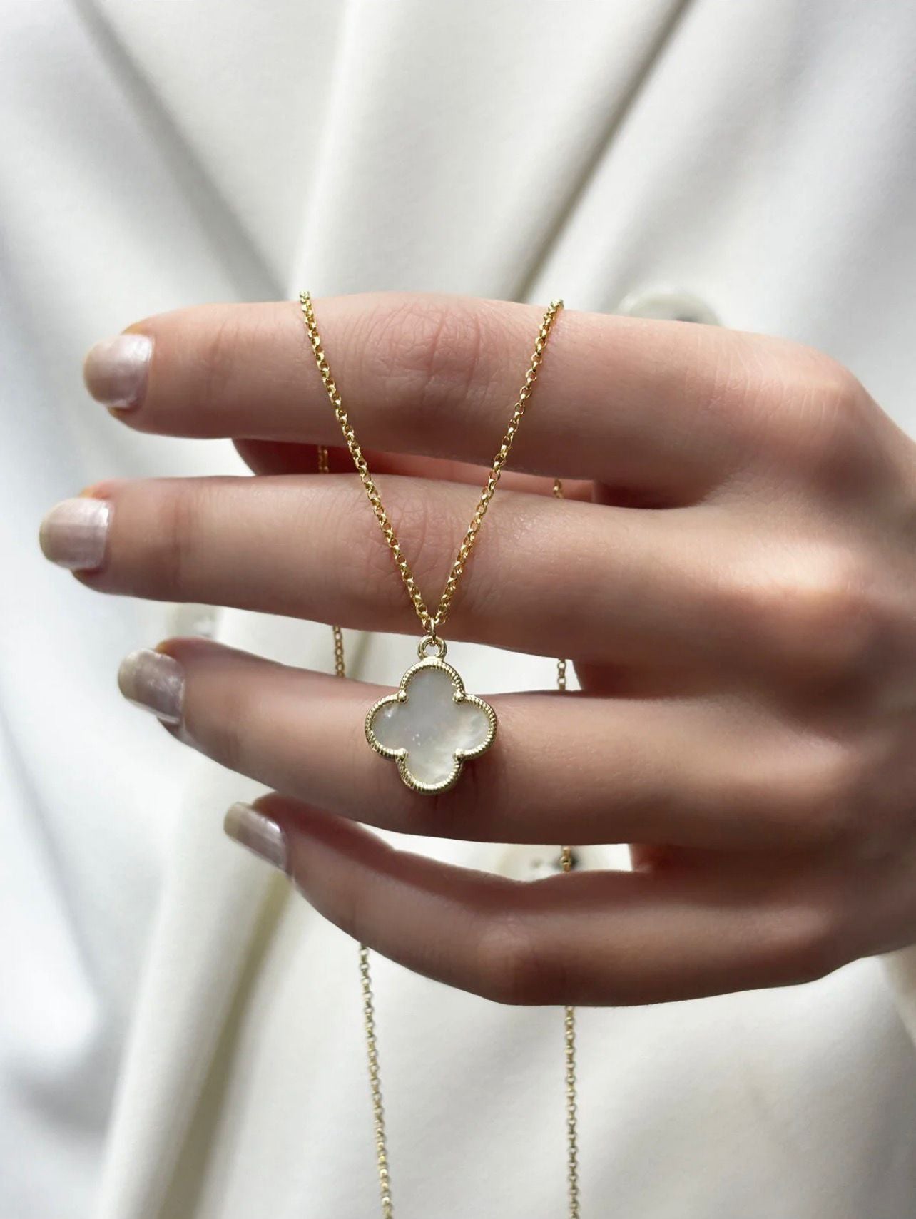 14K Gold-Plated Chain with Large White Mother-of-Pearl Clover Pendant