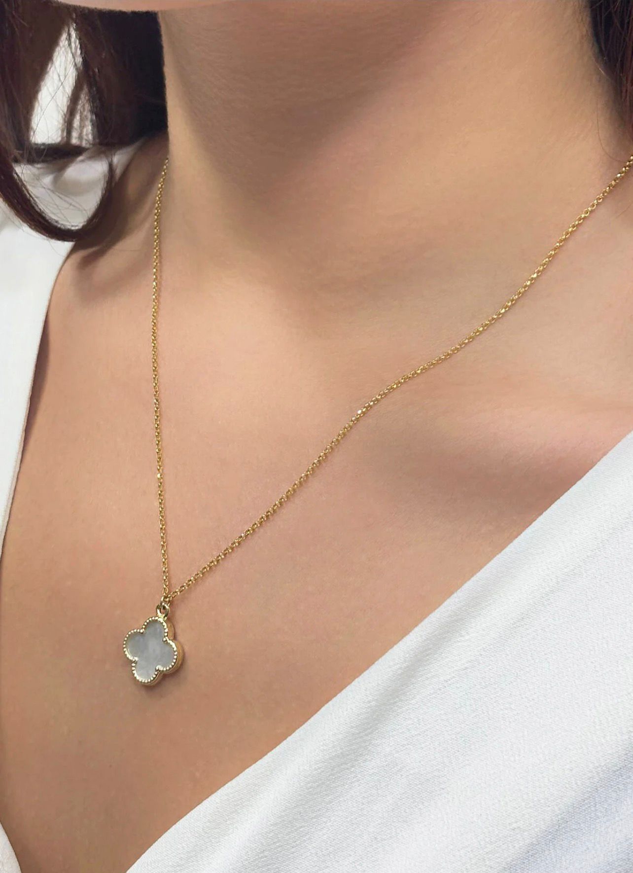 14K Gold-Plated Chain with Large White Mother-of-Pearl Clover Pendant
