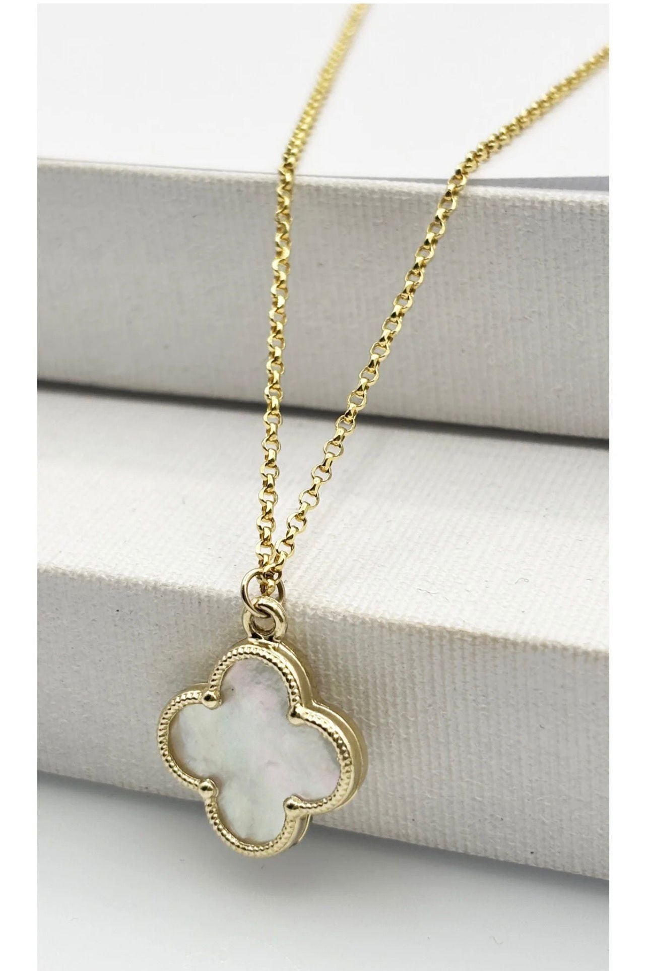 14K Gold-Plated Chain with Large White Mother-of-Pearl Clover Pendant